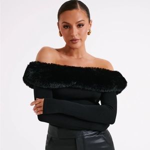 SARE Meshki off shoulder fur trim top